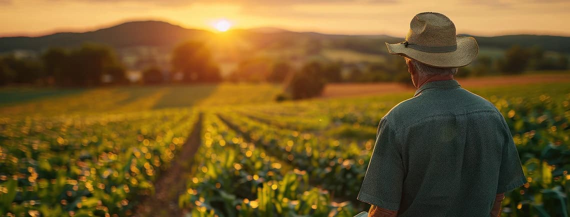 Agricultor brasileiro em campo de soja ao amanhecer